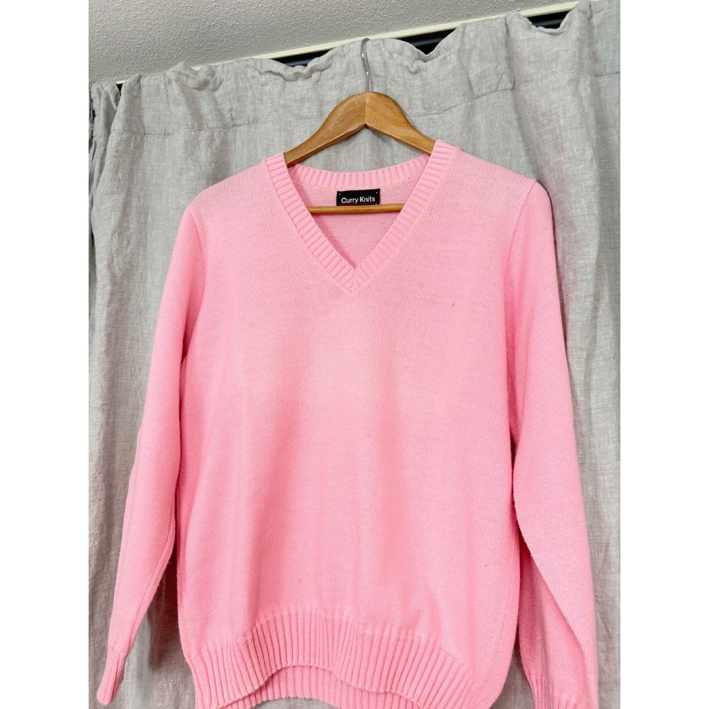 Curry Knits Pink V-Neck Sweater Womens Long Sleeve Ribbed Knit Pullover - Picture 2 of 9
